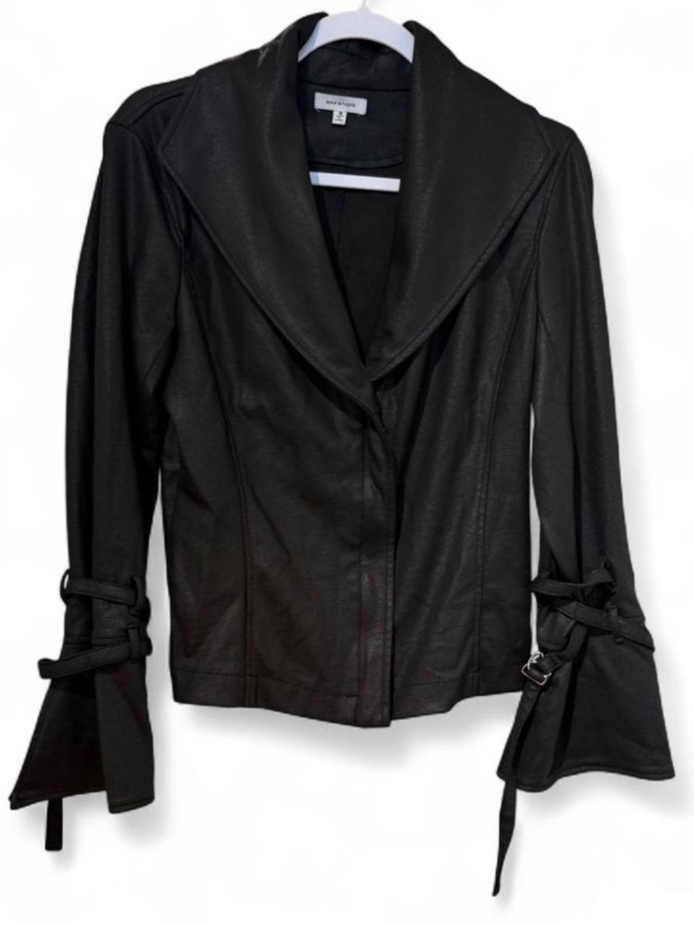 Max Studio Black Faux Leather Jacket with Tie-Sleeve Detail